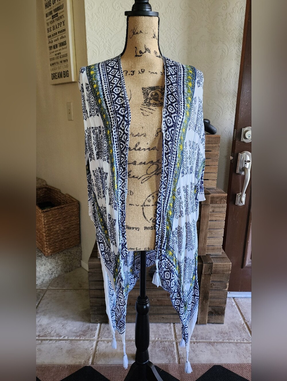 Francesca's White Boho Open Front Kimono with Navy & Yelloe Trim